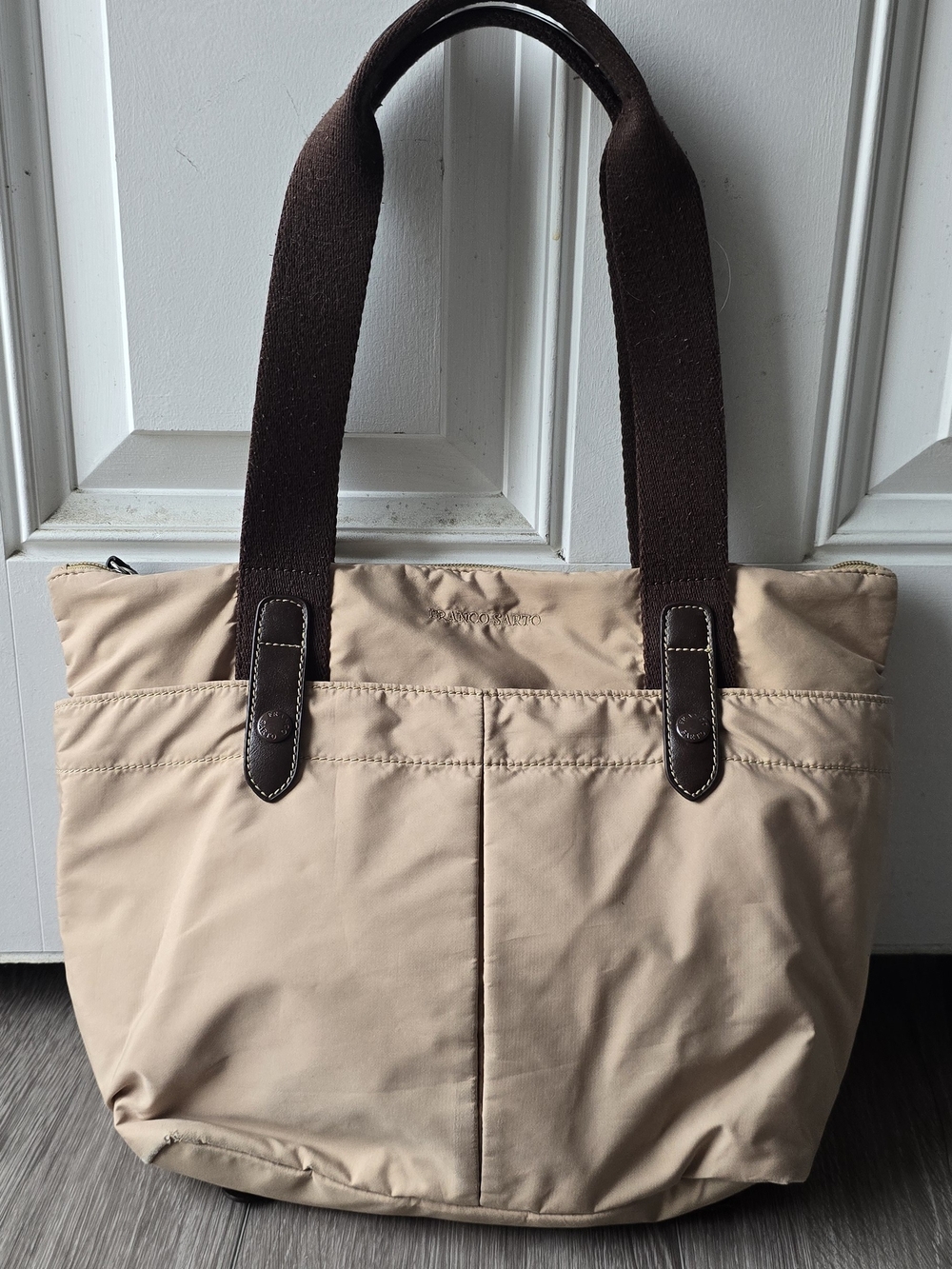 Franco Sarto Nylon Tote Bag Khaki Tan Quilted Shoulder Bag Gold Zip Neutral